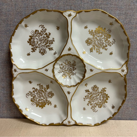Vintage French Hand Painted 22K Gold Porcelain 5-Section Serving Platter/Dish